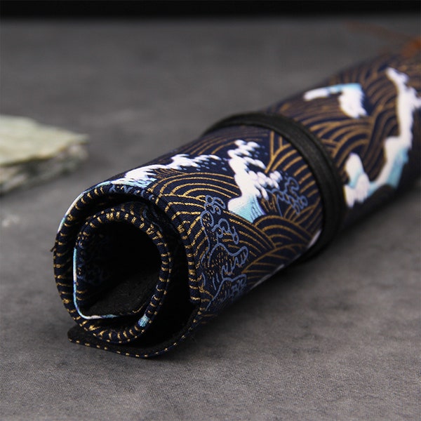 Wave Printing Pen Wrap, Black and Gold Pen Case, Pencil Roll, Stationery Bag - Perfect Gift for Your Boyfriend