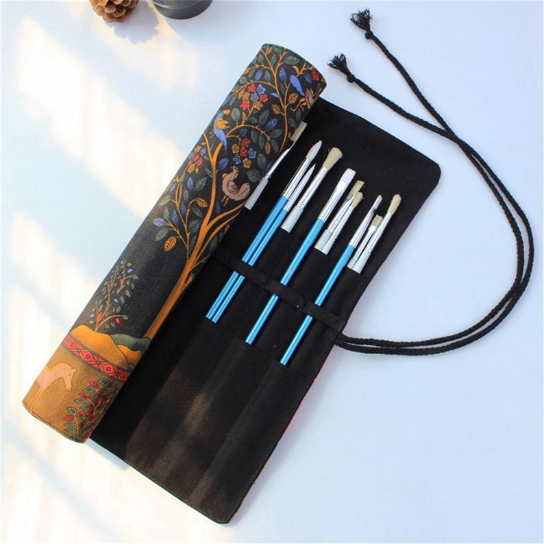 Black Paint Brush Pouch Artist Roll Canvas Pencil Wrap Etsy