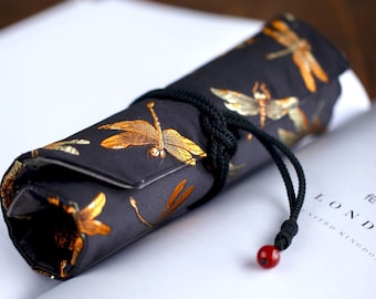 Embroidery Dragonflies pen wrap, Fountain Pen bag, Black pen roll, Gift