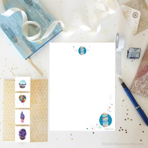 Fogli stampabili per lettere con torre di macarons, carta da lettere per pasticceria francese, carta da lettere per amici di penna, download immediato di corrispondenza con dessert