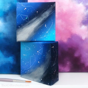 Peinture acrylique constellation bleu marine et argent, art du ciel nocturne, carte des étoiles, constellations d'étoiles de la galaxie, peinture originale d'art du zodiaque