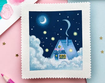 Księgarnia wśród chmur, oryginalny obraz, przytulna księgarnia nocą ze świecącym księżycem, miniaturowa ilustracja