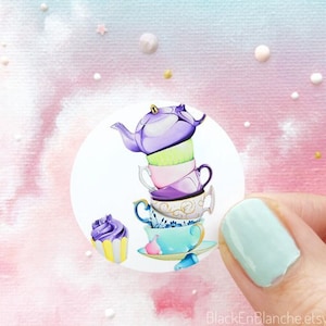 Theekopjes sticker, theepot sticker, Afternoon Tea Party glanzende vinyl sticker, cupcake sticker, stapel theekopjes, Mad Hatter Tea Party, Teatime