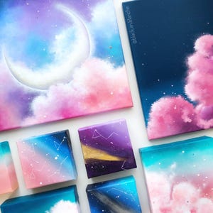 Lever du soleil rose et bleu marine Constellation d'étoiles Art Original toile peinture acrylique, art du ciel nocturne signe du zodiaque, carte du ciel galaxie