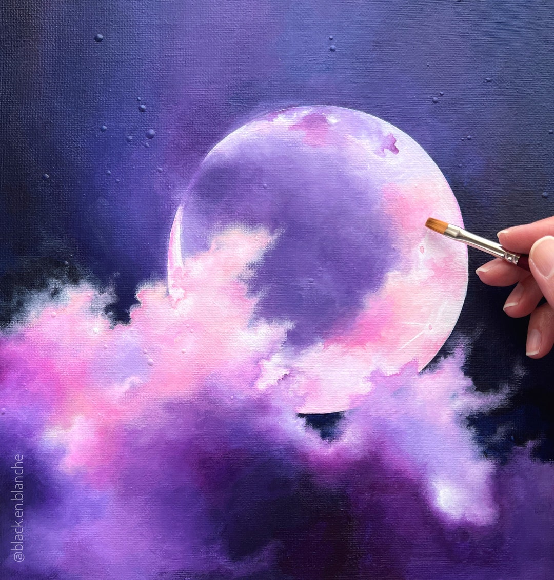 Purple Moon Magic Original Cloud Painting, Purple Night Sky Art, Pink ...