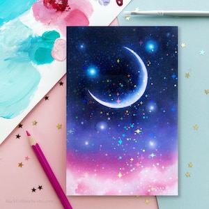 Impression holographique Art lune et étoiles et nuages, art holographique, carte postale nuages, peinture croissant de lune, peinture nuage ciel nocturne, étoilé