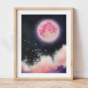 May include: A digital painting of a pink full moon with a purple glow, surrounded by white clouds and a dark blue night sky with white stars.