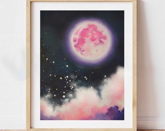 May include: A digital painting of a pink full moon with a purple glow, surrounded by white clouds and a dark blue night sky with white stars.