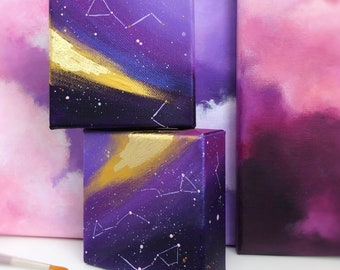 Mini peinture d'art violet et or constellation, ciel nocturne art carte des étoiles galaxie art du zodiaque peinture originale feuille d'or astrologie cadeau