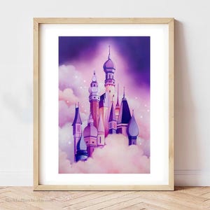Holographic Rapunzel's Castle Above the Clouds Art Print, Corona Castle from Tangled, Purple Pink Castle in the Sky Art, Pastel Pink Clouds