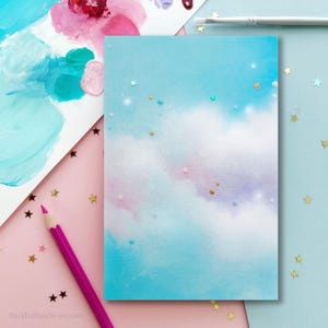 Stampa artistica di nuvole unicorno, dipinto di nuvole soffici, nuvole rosa pastello, stelle iridescenti scintillanti, nuvole rosa acquamarina e viola color zucchero filato