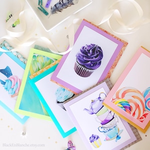 4er-Set blanko, Bäcker-Grußkarten, Kuchen-Grußkarten, Macarons-Karten, Cupcake-Karten mit gemusterten Umschlägen, Briefpapier-Set