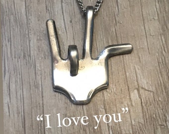 I Love You Necklace | Spoon Jewelry | Fork Pendant | Hand Pendant | Silverware Pendant | Fork Necklace | Finger Pendant |