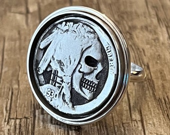 Hobo Nickel Ring: Skull Carved Buffalo Nickel, 925 Solid Sterling Silver Band (Size 8.5)