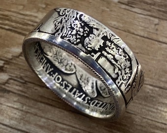 Handcrafted Walking Liberty Silver Coin Ring: Drop-Shadow Patina, Sizes 5-15