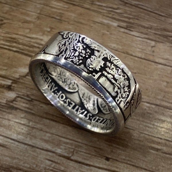 Walking Liberty Half Dollar Coin Ring Handmade from your choice 1939-1947 90% Silver Drop-shadow Patina - Sizes 5-15 incl 1/2 and 1/4 sizes.