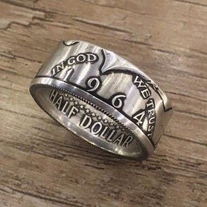 1964 Kennedy Half Dollar 90% Silver Coin Ring: Drop shadow finish
