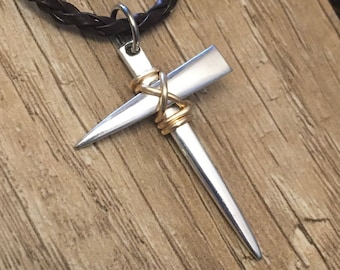 Fork Tine Cross Necklace: Vintage Silverware Pendant, Braided Leather Cord