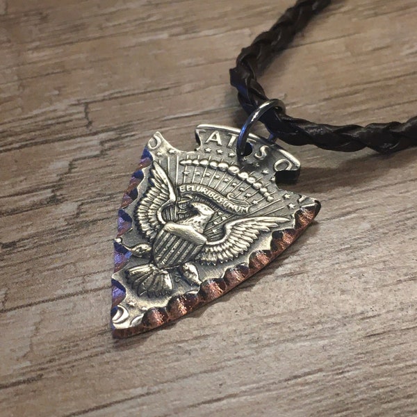Hand Cut Coin Arrowhead Pendant with 18” Braided Leather Cord Necklace Included (extends to 20”) USA Free Shipping!