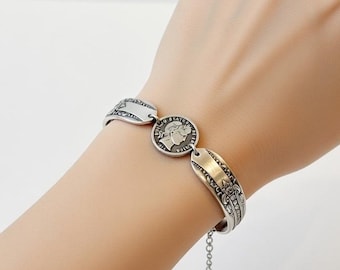 Handcrafted Bracelet Made From Antique Silverware Handles - Featuring a 1914 Silver Dime: Adjustable Clasp
