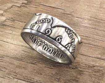 1964 Kennedy Half Dollar 90% Silver Coin Ring: Drop shadow finish