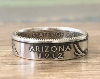 90% Silver Arizona Quarter Coin Ring: Handcrafted State Pride