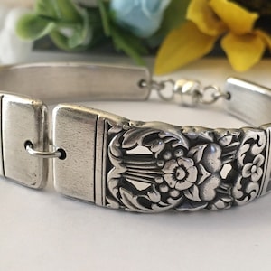 Handcrafted Silverplate Spoon Bracelet: Antique Floral Design, Magnetic Clasp