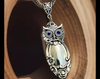 Silverware Owl Necklace: Spoon Jewelry with Custom Eye Color