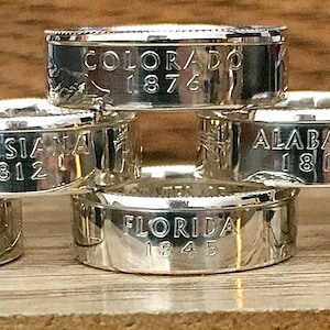 All 50 States Silver State Quarter Coin Rings | Made From Brilliant Uncirculated 90% Silver Coins | Patina or Polished Finish | Sizes 5 - 12