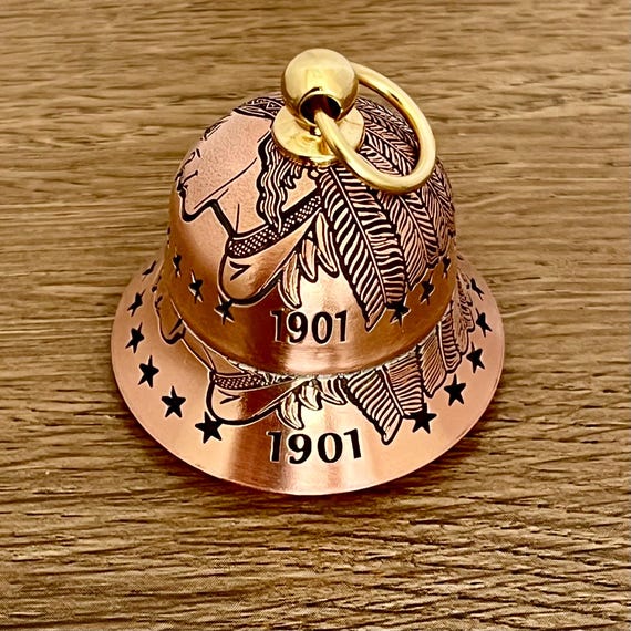 1901 Indian Motorcycle Bell ~ Handcrafted From Coins ~ Polished Copper or Blacked Out ~ Gift Box!