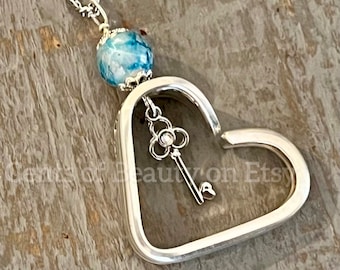 Vintage Queen Bess Silverware Necklace: Floating Heart & Key