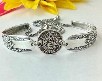 Handcrafted Bracelet Made From Antique Silverware Handles - Featuring an 1893 Japanese 10 Sen: Adjustable Clasp