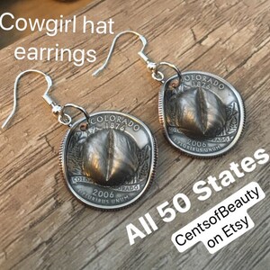 Boucles d&#39;oreilles chapeau de cow-girl State Quarter : crochets en argent sterling