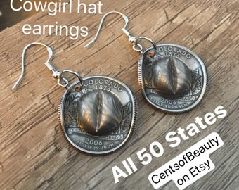 State Quarter Cowboy Hat Earrings: Sterling Silver Hooks