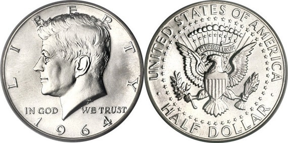 1964年ケネディ・ハーフダラー・コインリング：90%銀、研磨または緑青