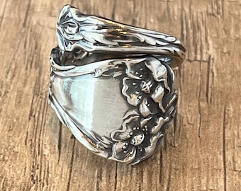 925 Solid Sterling Silver Spoon Ring: Alvin Majestic Pattern, Poppy Flowers