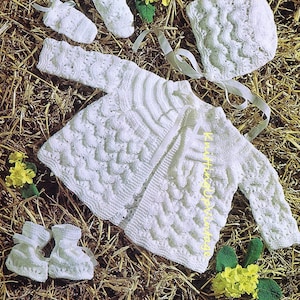 Baby Knitting Pattern pdf 19 and 20&quot; Matinee Coat, Bonnet, Bootees, Mittens