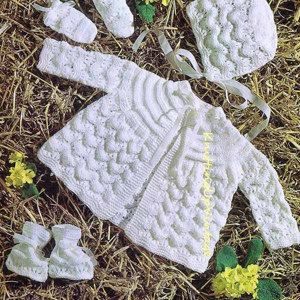 Baby Knitting Pattern pdf 19 and 20" Matinee Coat, Bonnet, Bootees, Mittens