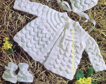 Baby Knitting Pattern pdf 19 and 20" Matinee Coat, Bonnet, Bootees, Mittens