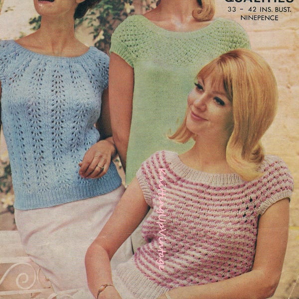 Knitting Pattern PDF 3 Womens Vintage Summer Tops  Short Sleeved Jumpers 32 - 42  Double Knit