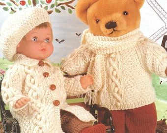 Baby doll and teddy Bear clothes Knitting Pattern DK 12 - 22" Cable coat, beret, jumper, scarf, trousers, shoes