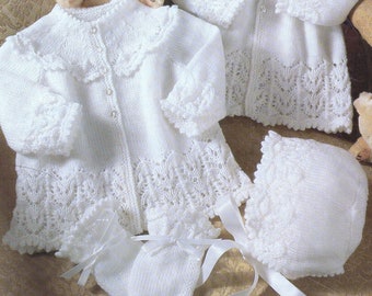 Baby Knitting Pattern pdf 2 Matinee Coats Bonnet & Mittens 3 ply 16  18  20"