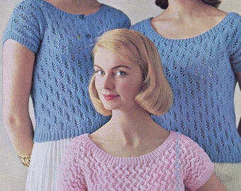 Knitting Pattern PDF 3 Womens Summer Tops  Short Sleeved Jumpers and Cardigan 34 - 40  Double Knit