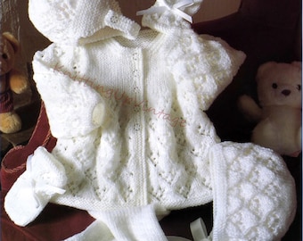 Baby Knitting Pattern pdf DK Pram Set 16-22"  Matinee Coat, Bonnet, Leggings, Helmet and Mittens