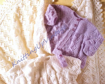Baby Knitting Pattern pdf DK and 4 ply Matinee Coat, Headband and Shawl