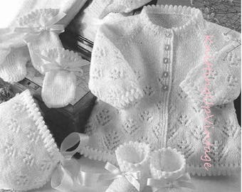 Baby Knitting Pattern pdf 4 ply Pram Set 16-22"  Matinee Coat Leggings Bonnet Hat Mittens Bootees