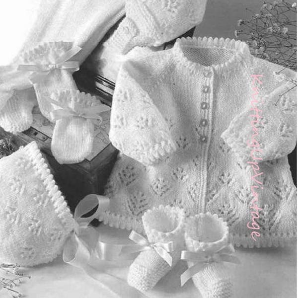 Baby Knitting Pattern pdf 4 ply Pram Set 16-22"  Matinee Coat Leggings Bonnet Hat Mittens Bootees