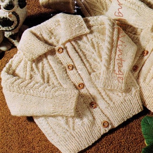 Aran Knitting Pattern pdf Baby & Childs cable Jacket with hood, collar or v-neck 20-28&quot;