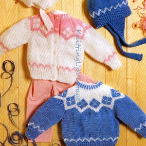 Baby Knitting Pattern Yoked Cardigan, Sweater and Hat Double Knit 18-22" pdf