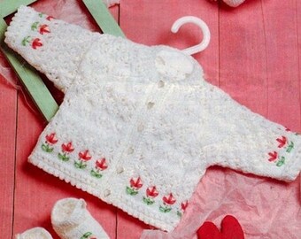 Baby Knitting Pattern Embroidered Cardigan, Bonnet and Shoes Double Knit 18-22" pdf